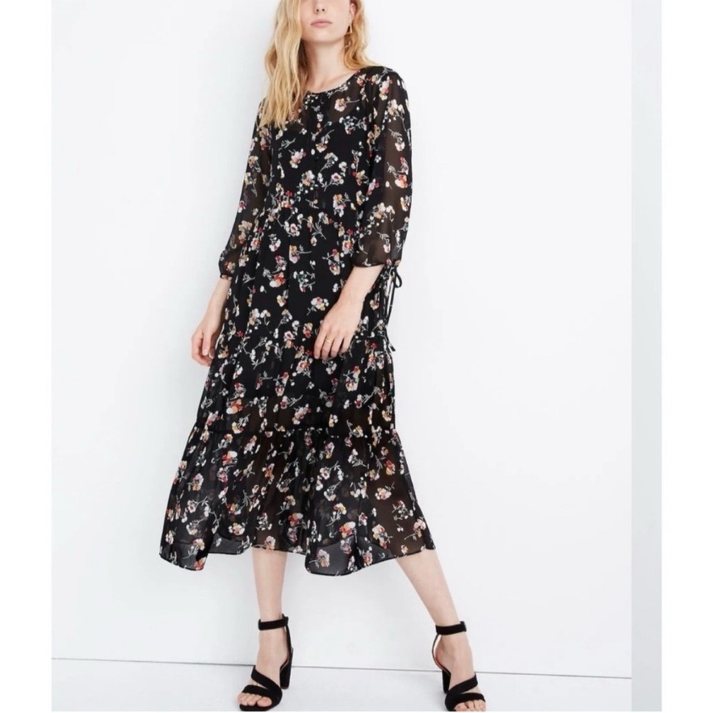 MADEWELL BLACK FLORAL CHIFFON MIDI DRESS SIZE MD